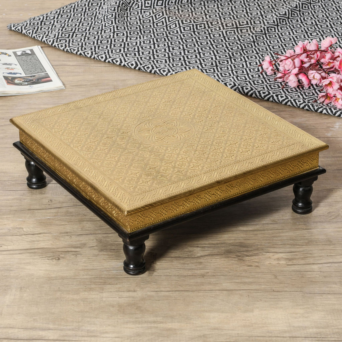 Brass Decorative Wooden Bajot For Pooja 18x18x6 Inch