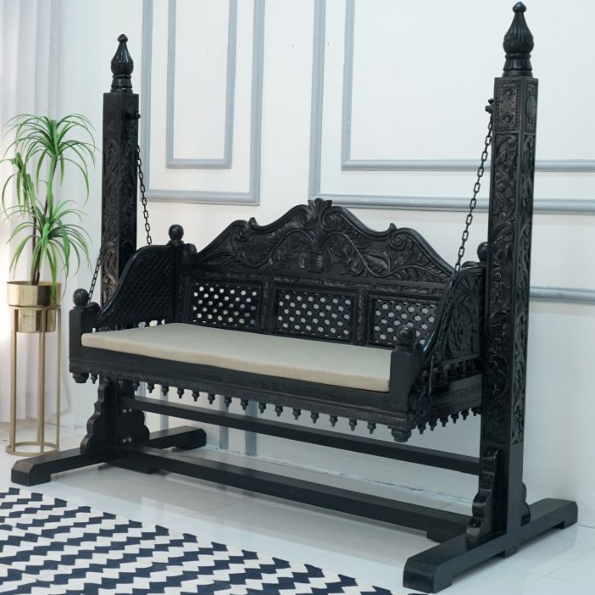 Classic Black Handcrafted Wooden Swing with Stand