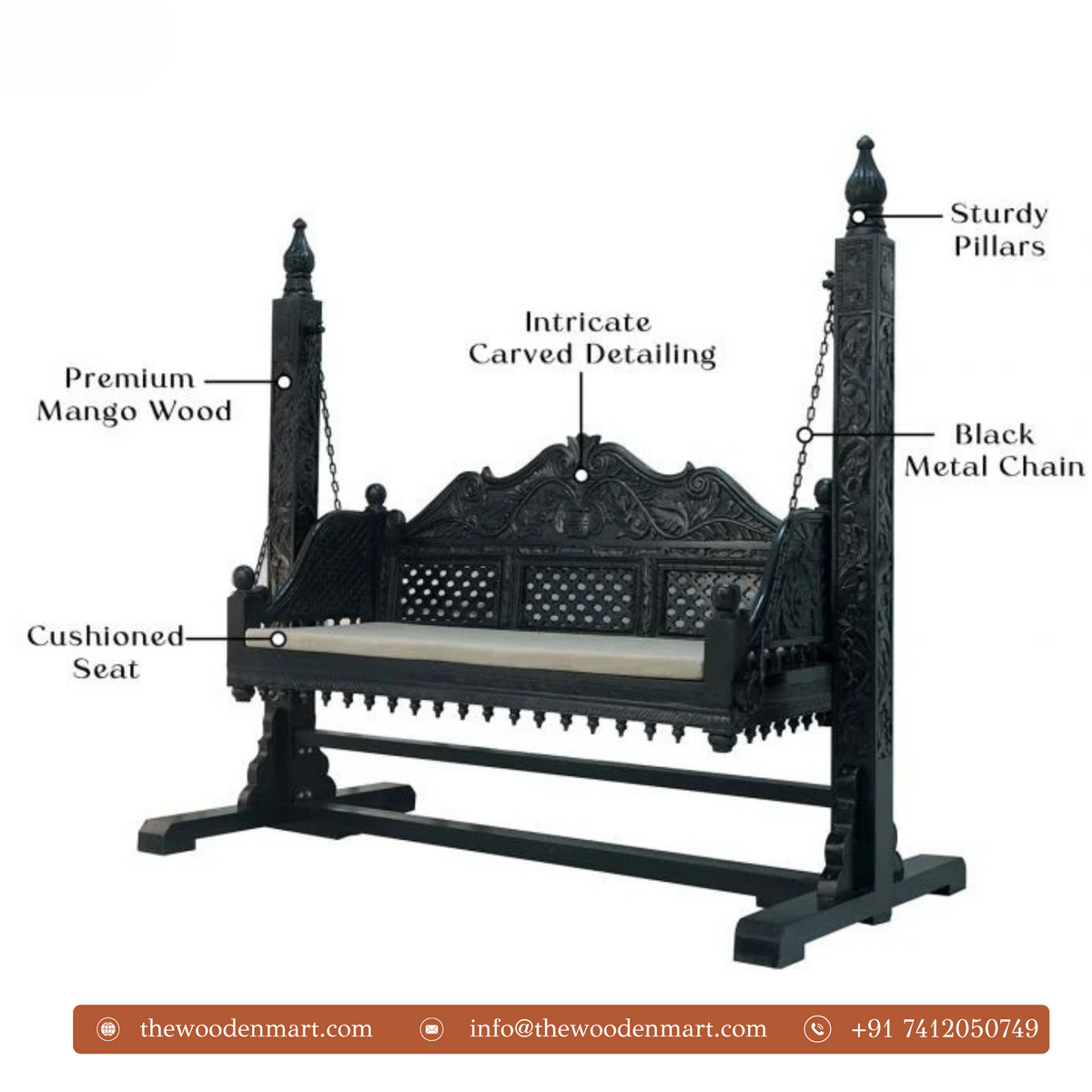 Classic Black Handcrafted Wooden Swing with Stand