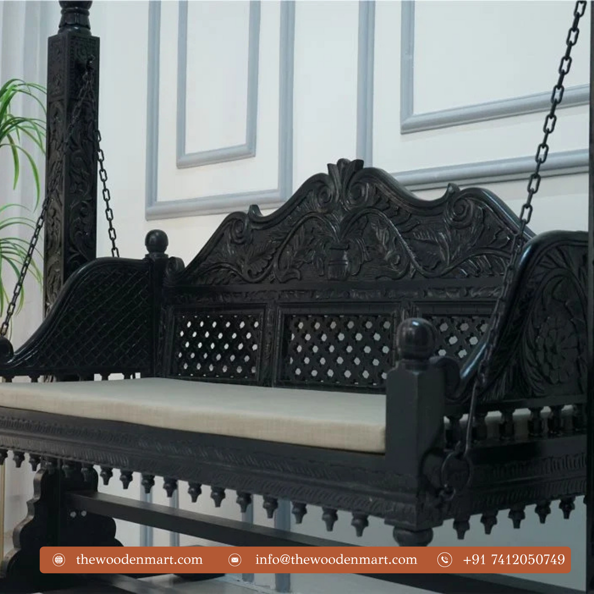 Classic Black Handcrafted Wooden Swing with Stand