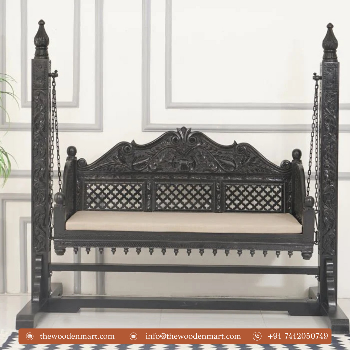 Classic Black Handcrafted Wooden Swing with Stand