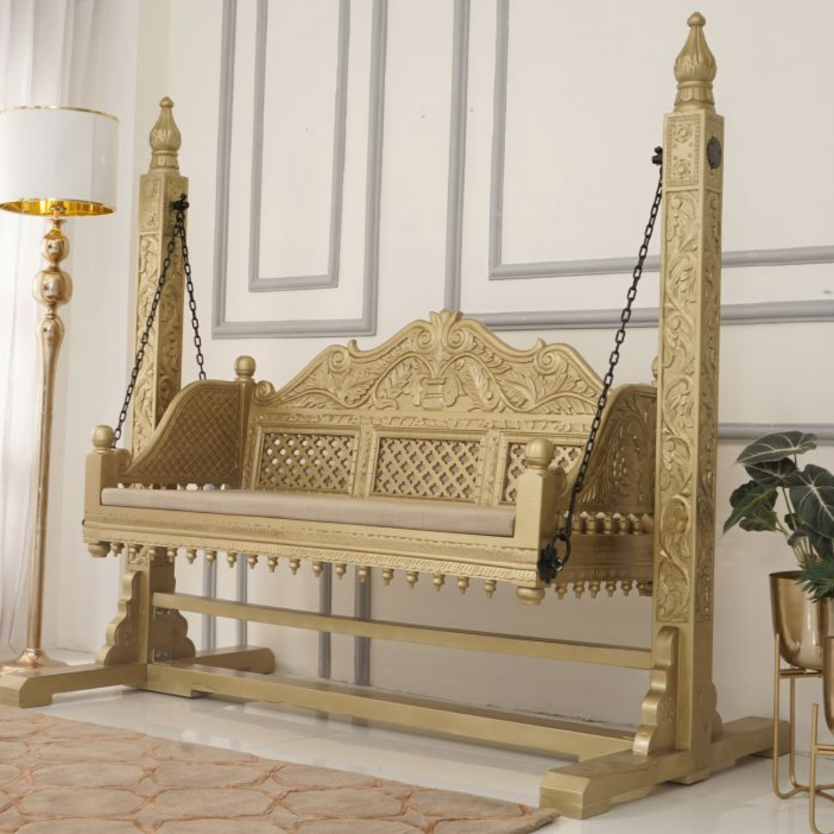 Classic Golden Handcrafted Wooden Swing with Stand