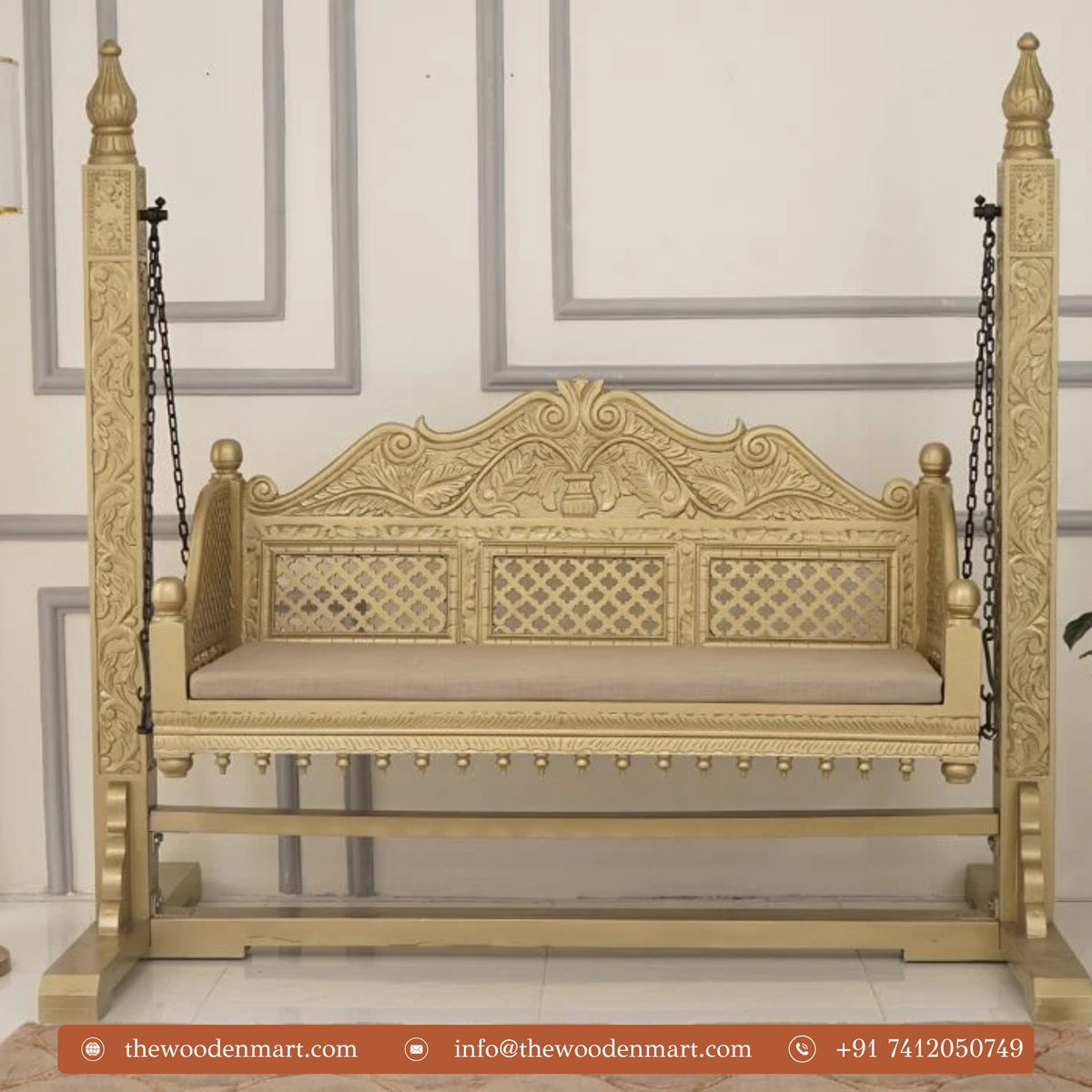 Classic Golden Handcrafted Wooden Swing with Stand