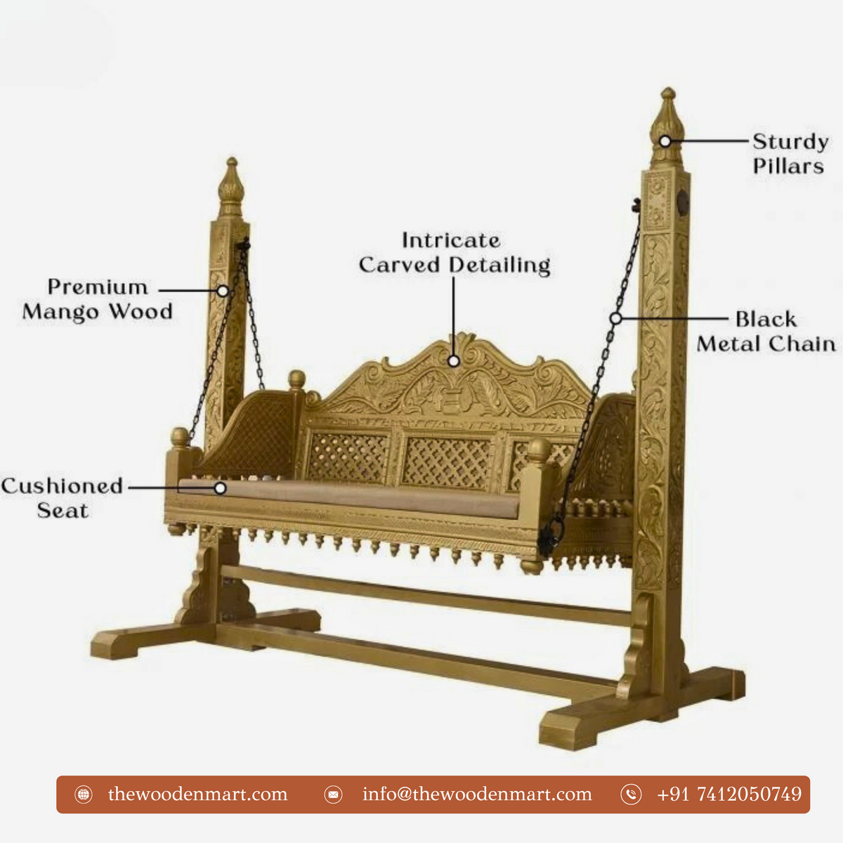 Classic Golden Handcrafted Wooden Swing with Stand