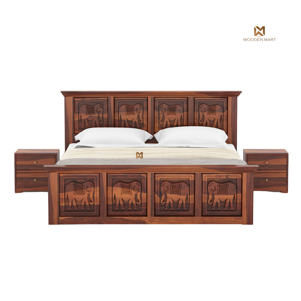 Hand-Carved Elephant Design Sheesham Wood Bed