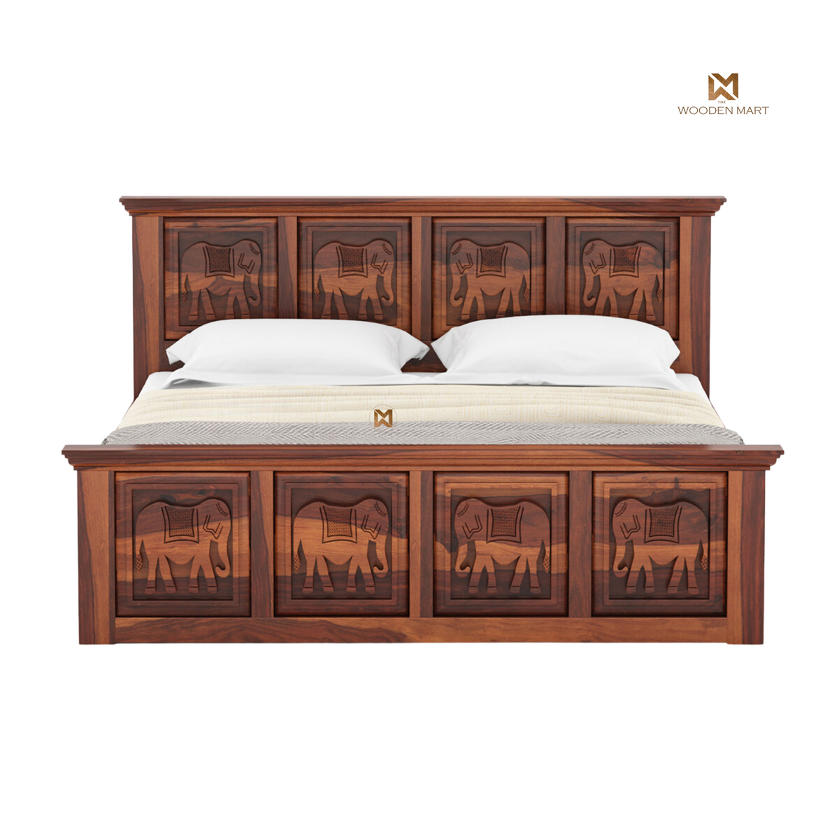 Hand Carved Elephant Design Sheesham Wood Bed