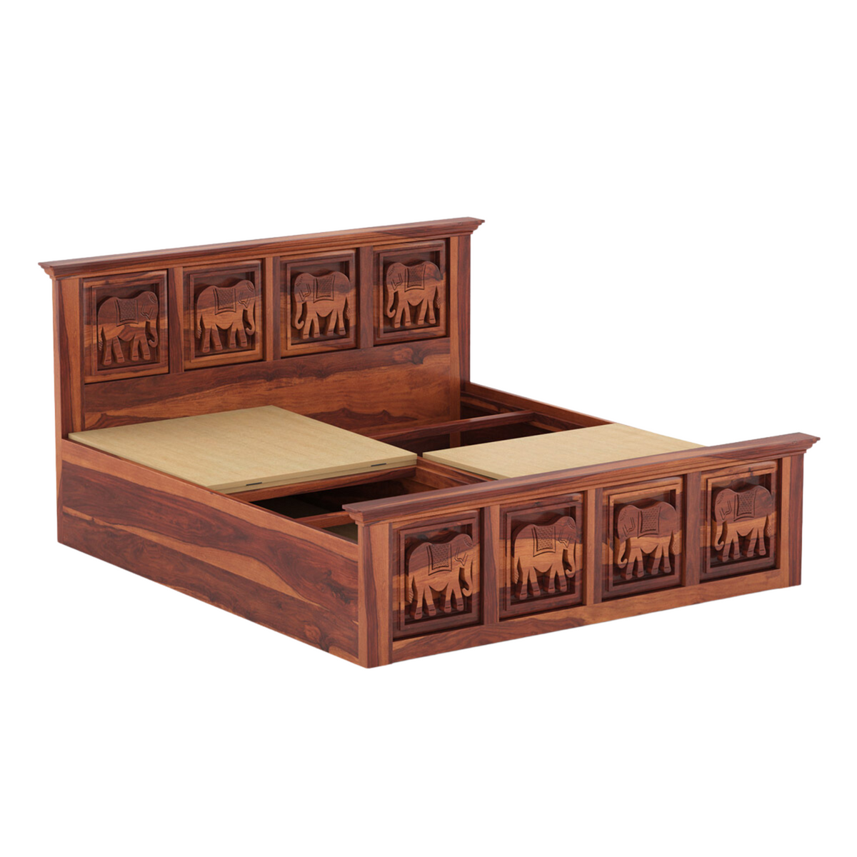 Hand Carved Elephant Design Sheesham Wood Bed