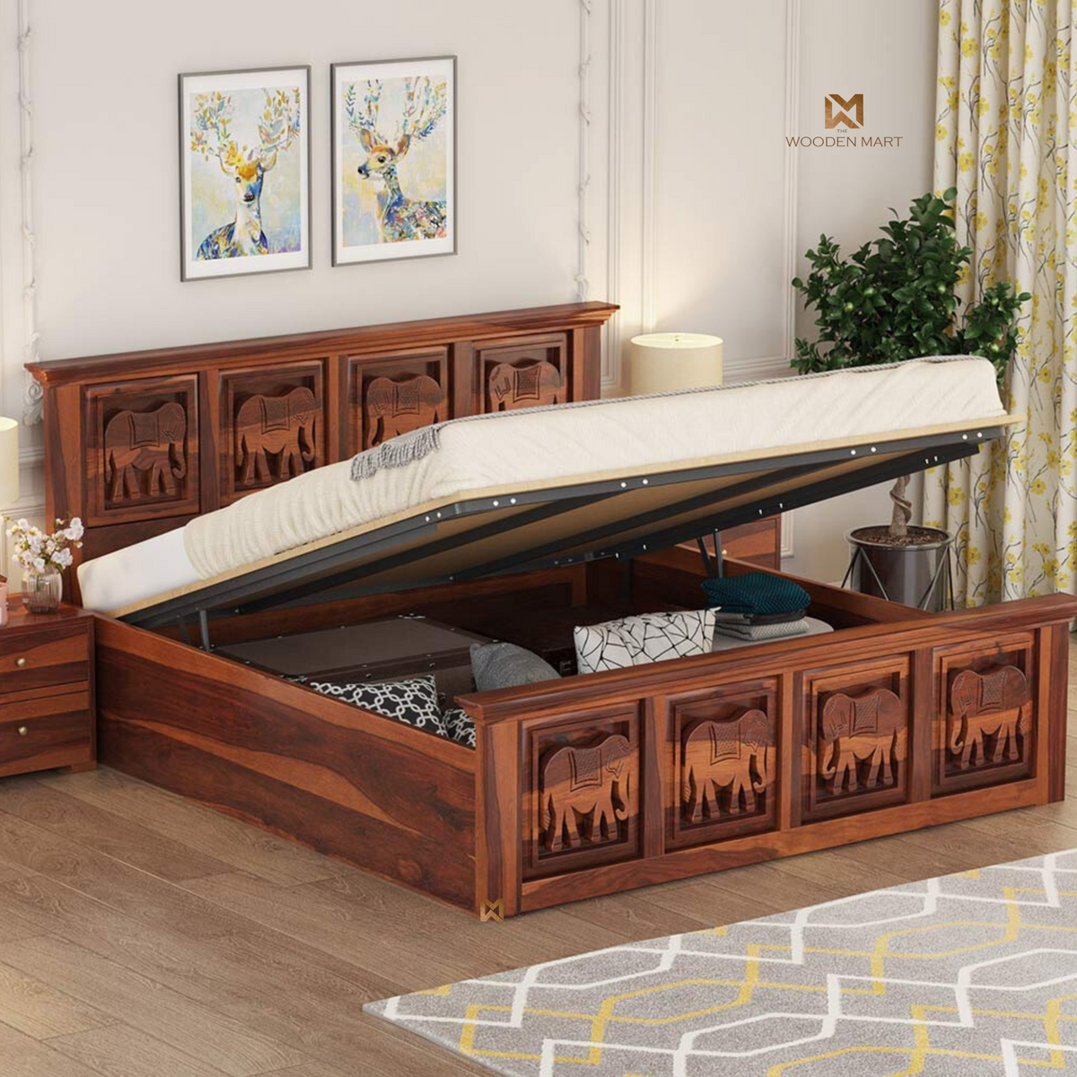 Hand Carved Elephant Design Sheesham Wood Bed