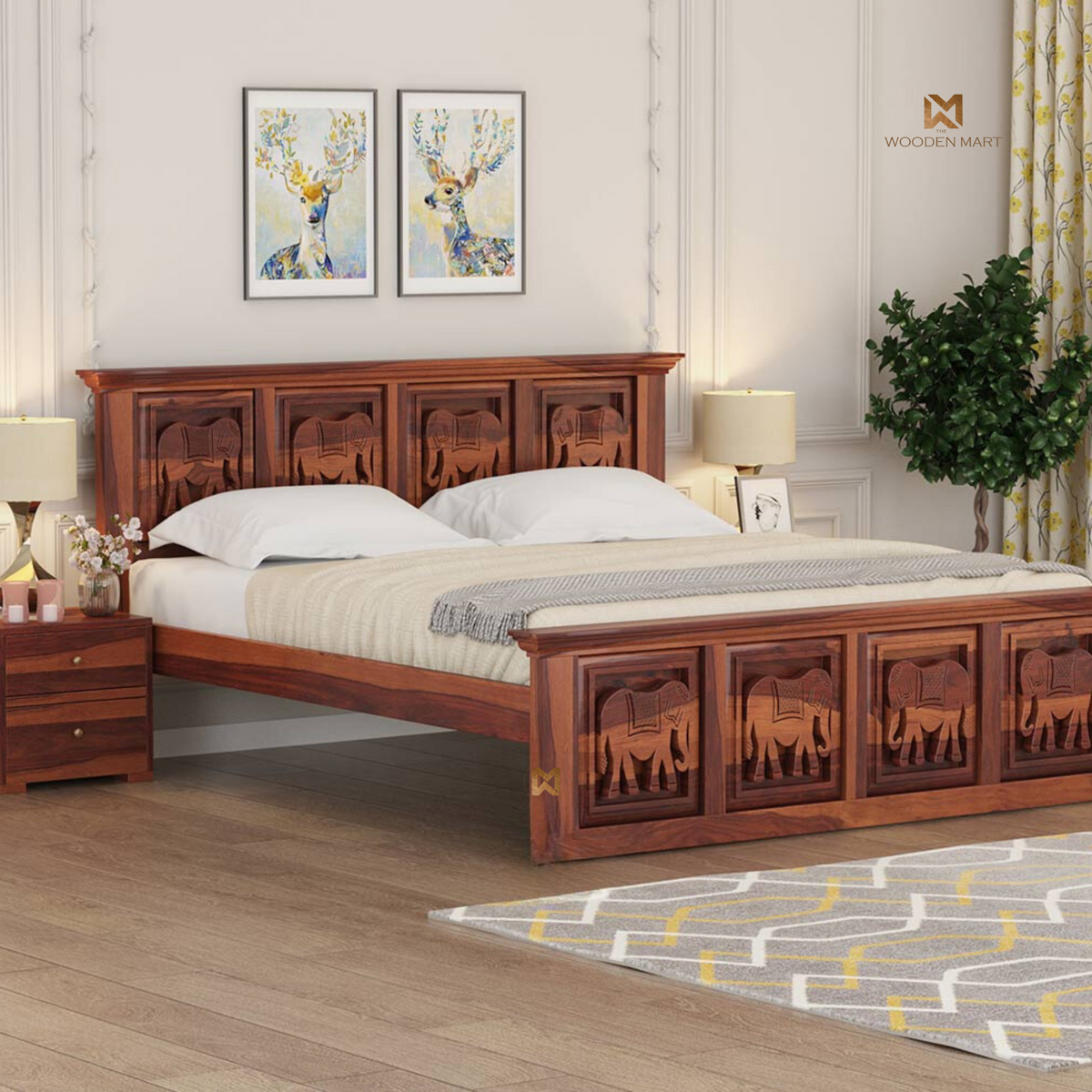 Hand Carved Elephant Design Sheesham Wood Bed