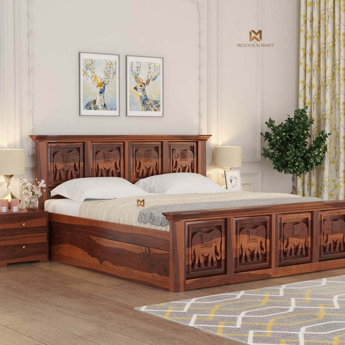Hand Carved Elephant Design Sheesham Wood Bed