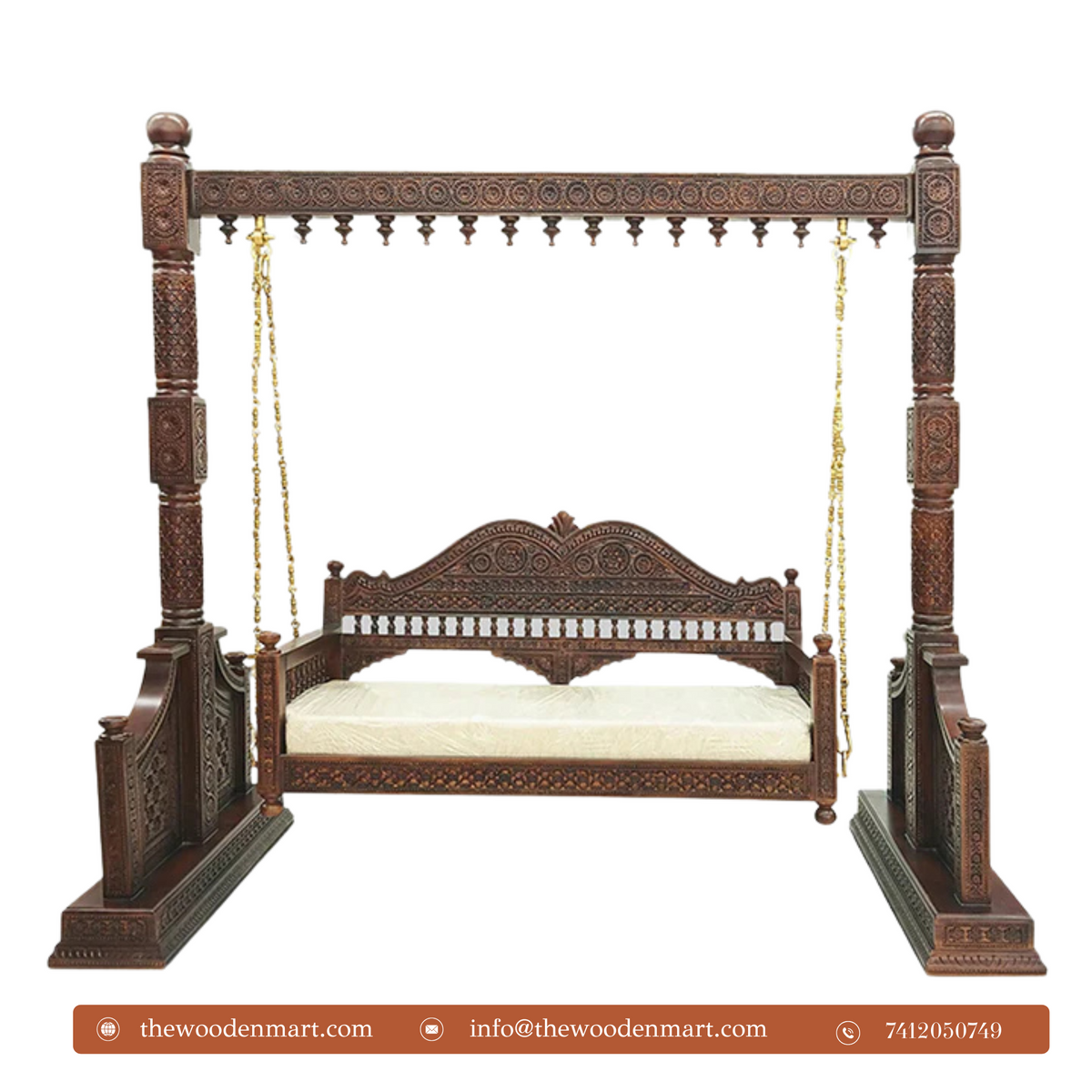 Handcrafted Solid Wood Jhula with Carved Pillars For Living Room