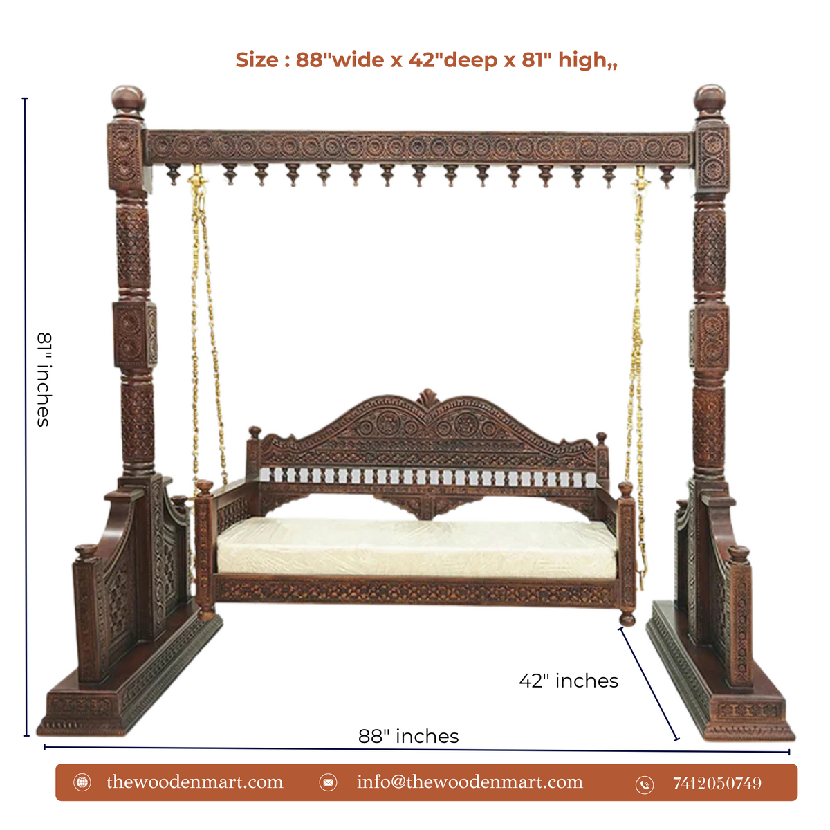 Handcrafted Solid Wood Jhula with Carved Pillars For Living Room