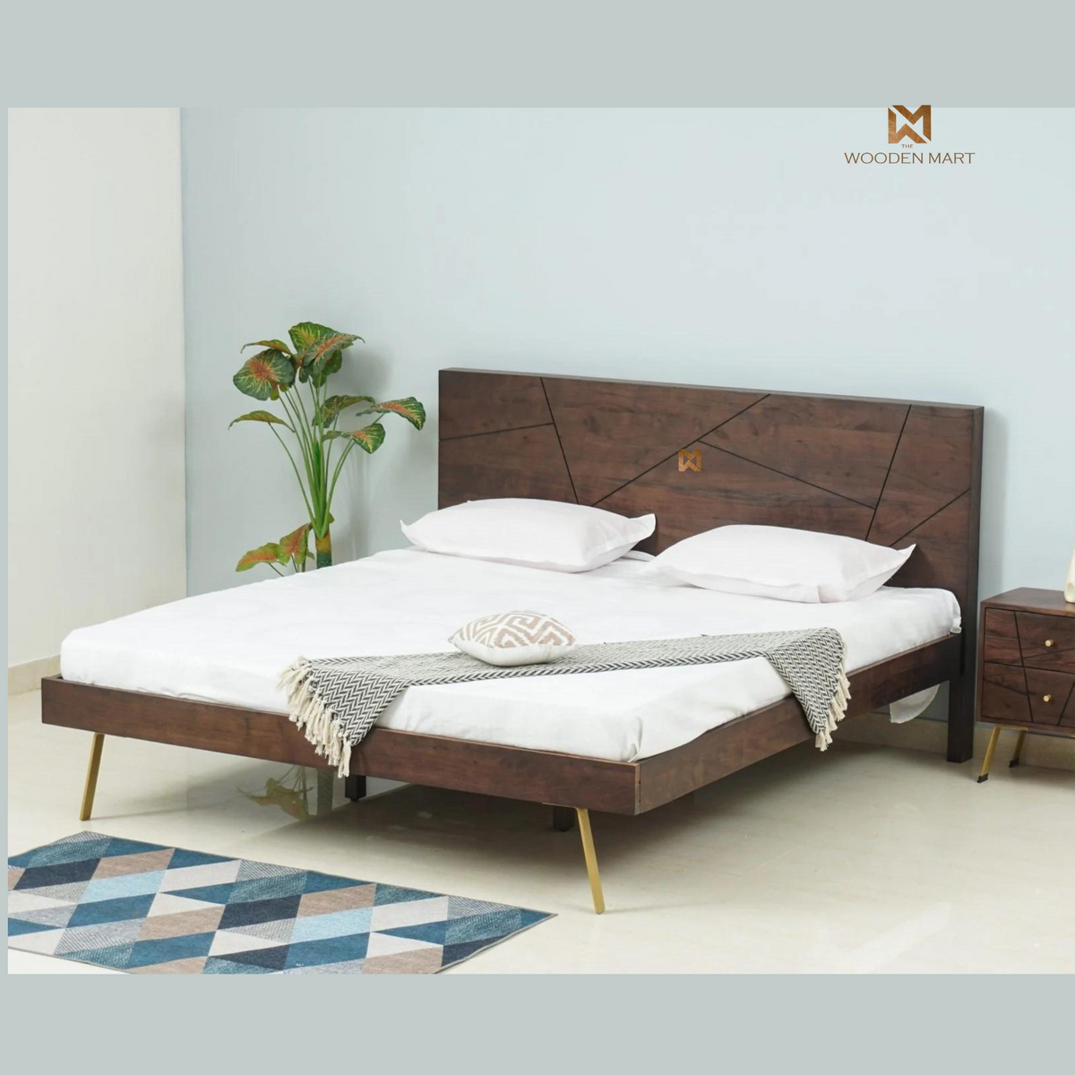 Modern Sheesham Wooden Bed with Geometric Headboard