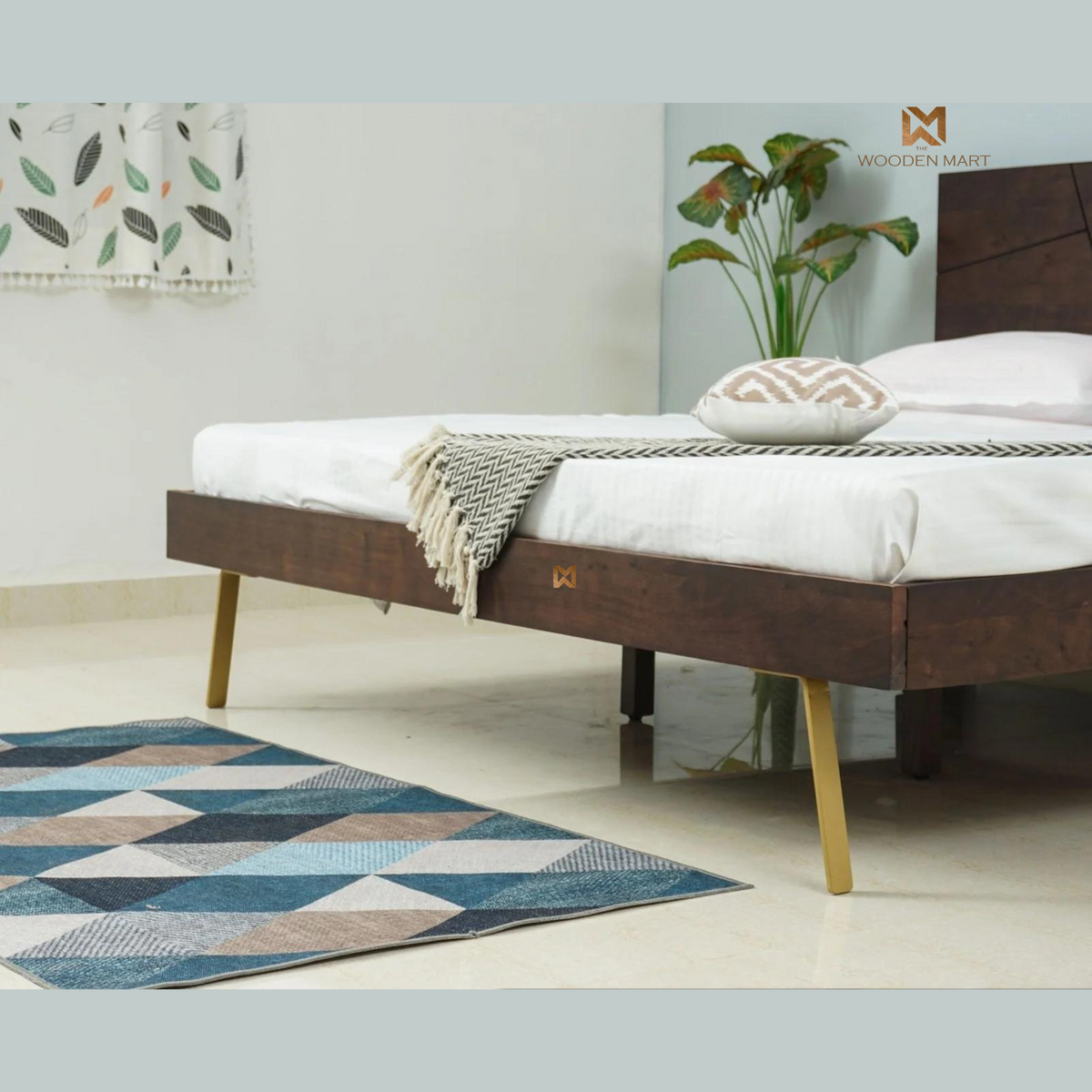 Modern Sheesham Wooden Bed with Geometric Headboard