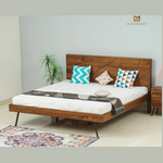 Modern Sheesham Wooden Bed with Geometric Headboard