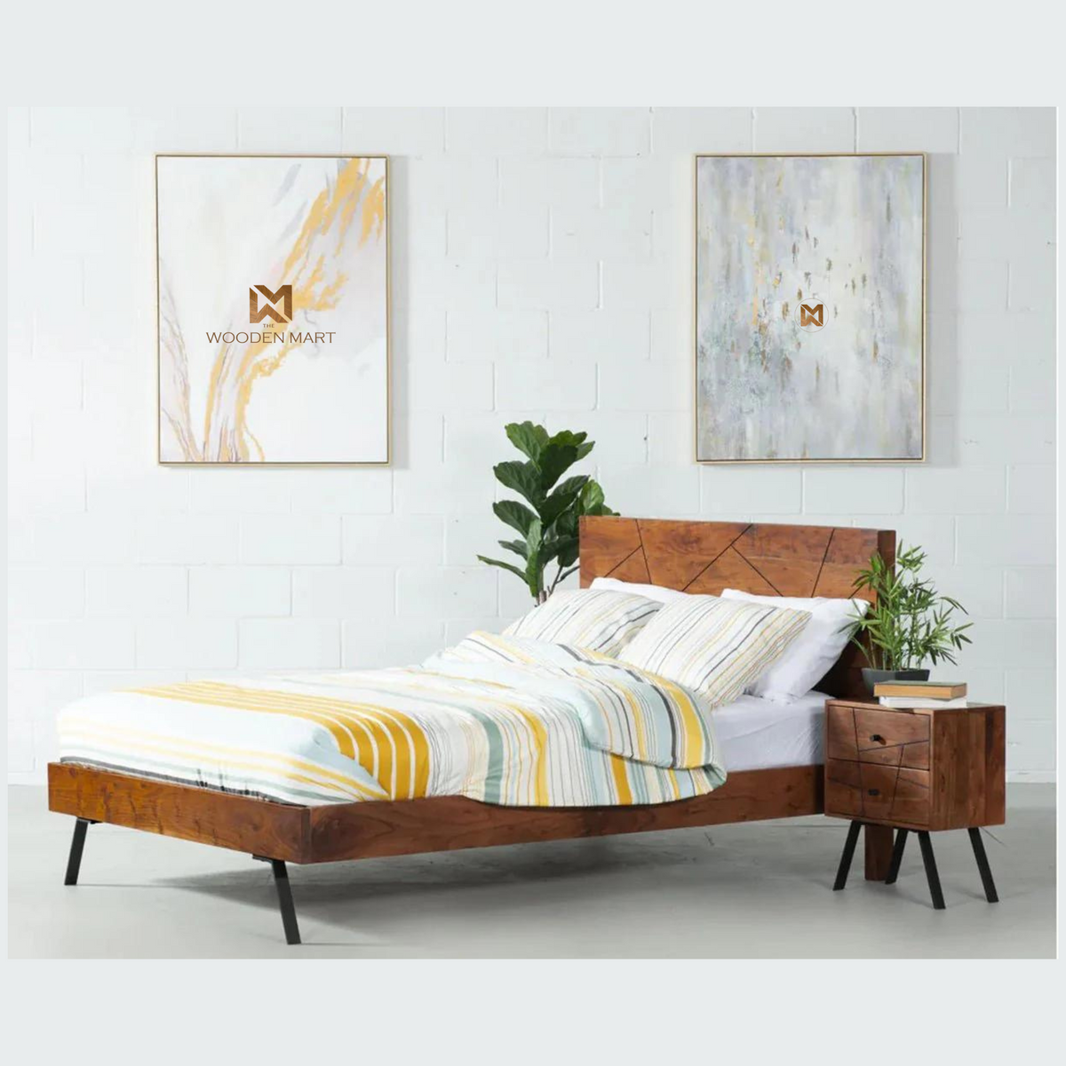 Modern Sheesham Wooden Bed with Geometric Headboard