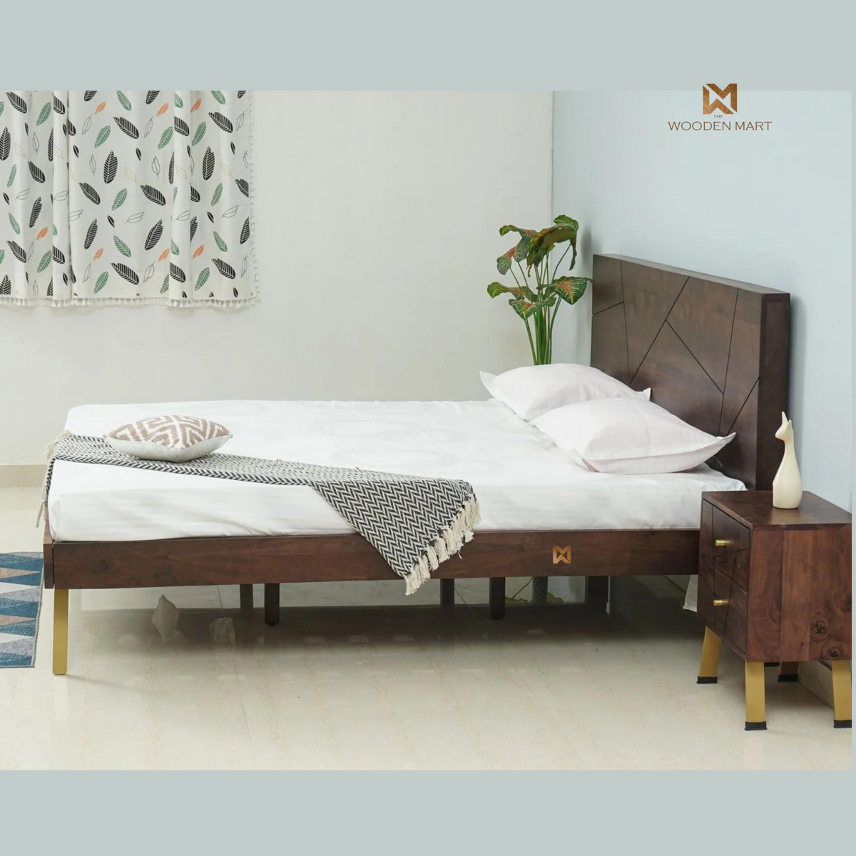Modern Sheesham Wooden Bed with Geometric Headboard