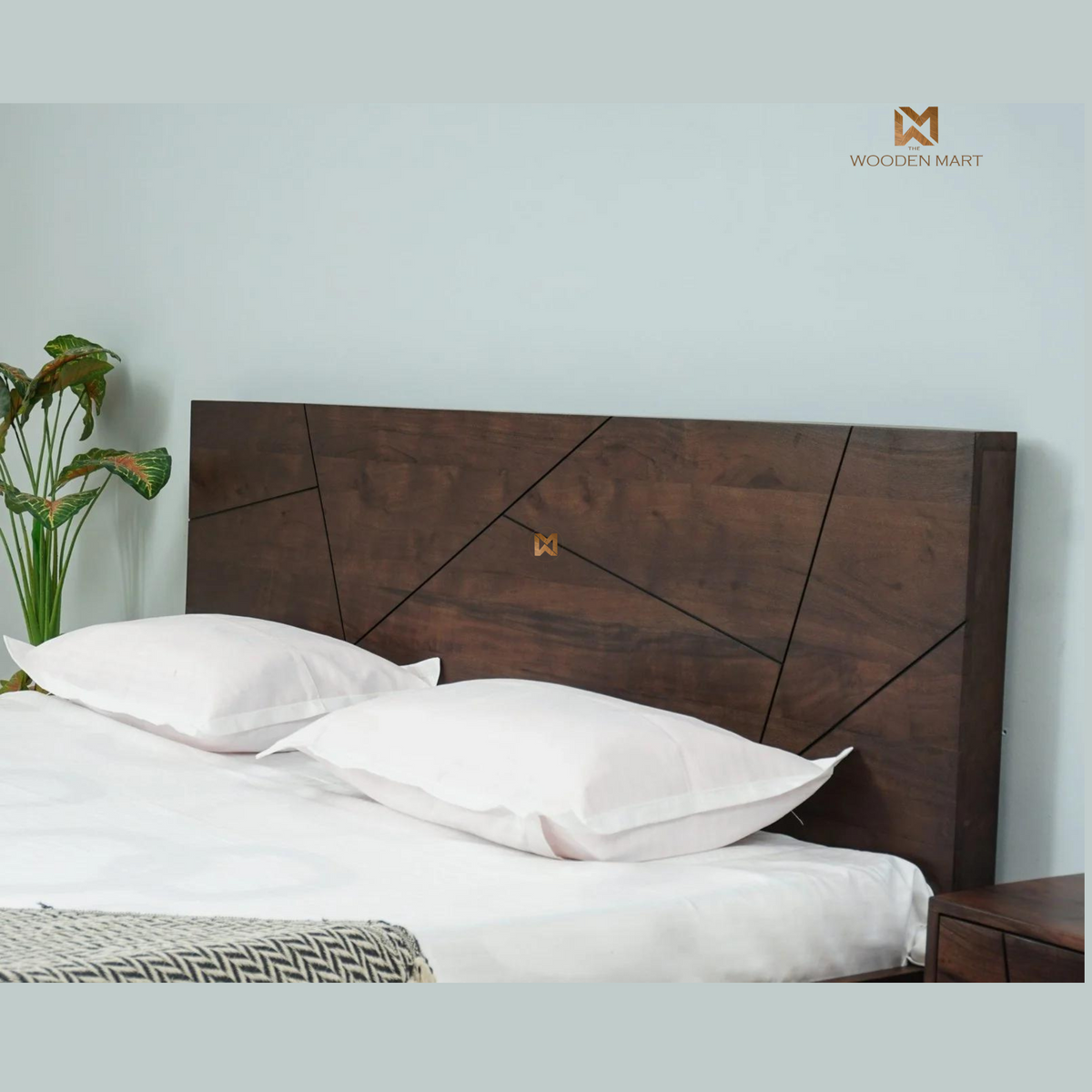 Modern Sheesham Wooden Bed with Geometric Headboard