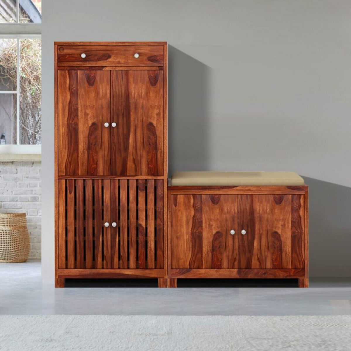 Premium Sheesham Wood Shoe Rack with Seat