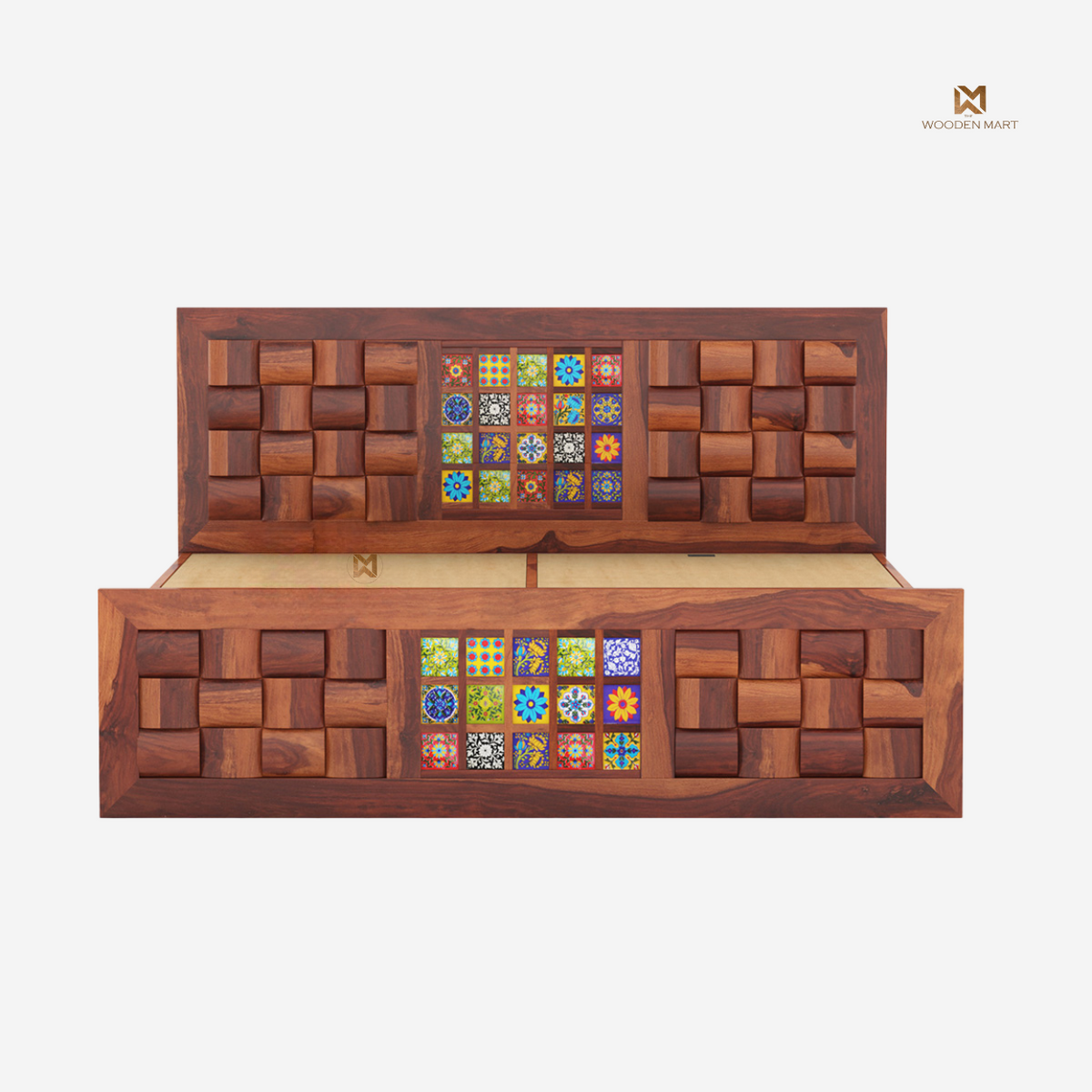 Sheesham Wood Bed with Colorful Tile Design