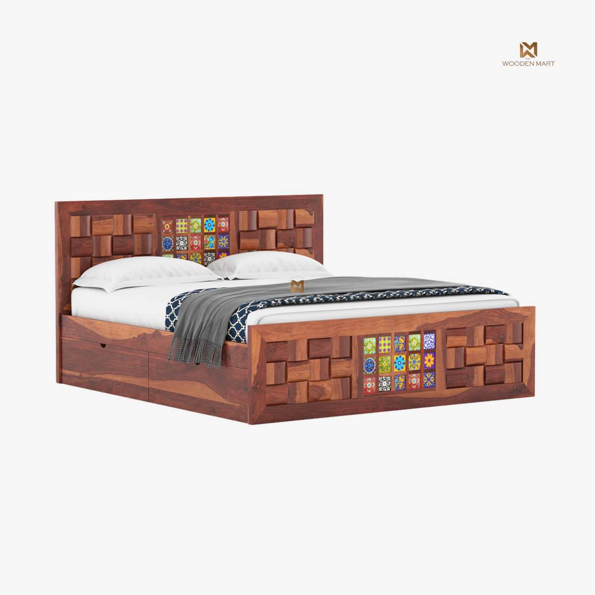 Sheesham Wood Bed with Colorful Tile Design