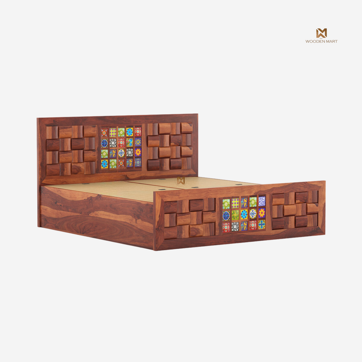 Sheesham Wood Bed with Colorful Tile Design