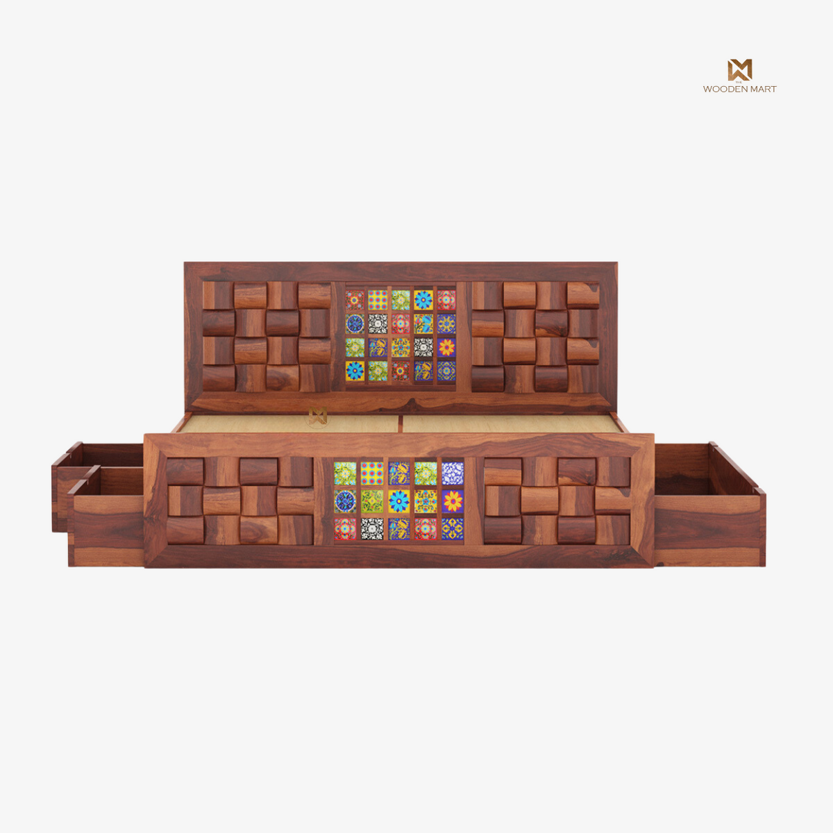 Sheesham Wood Bed with Colorful Tile Design