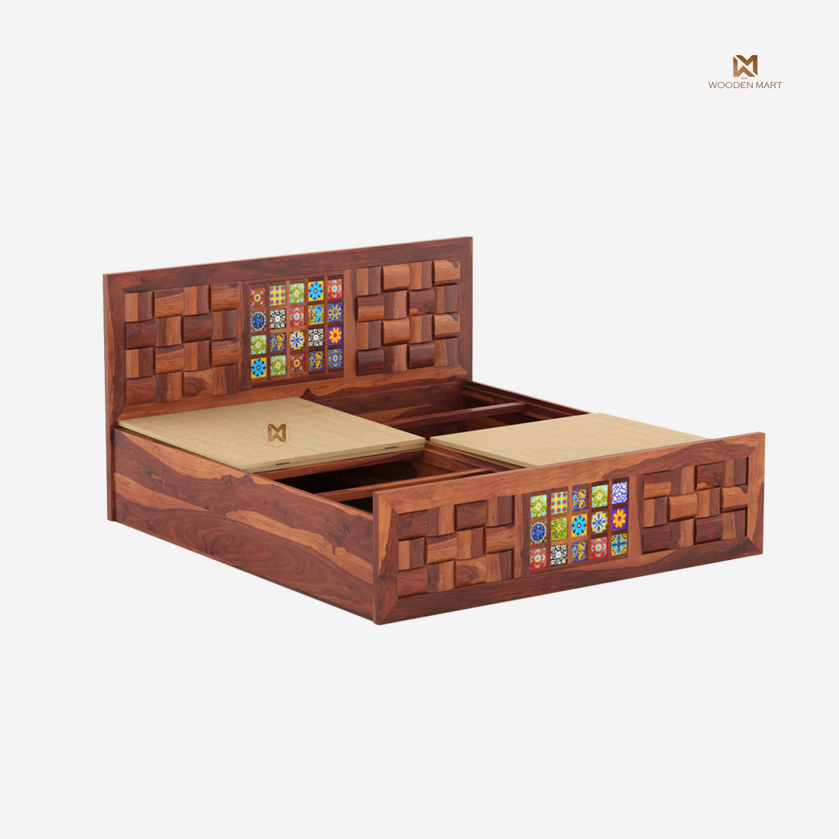Sheesham Wood Bed with Colorful Tile Design