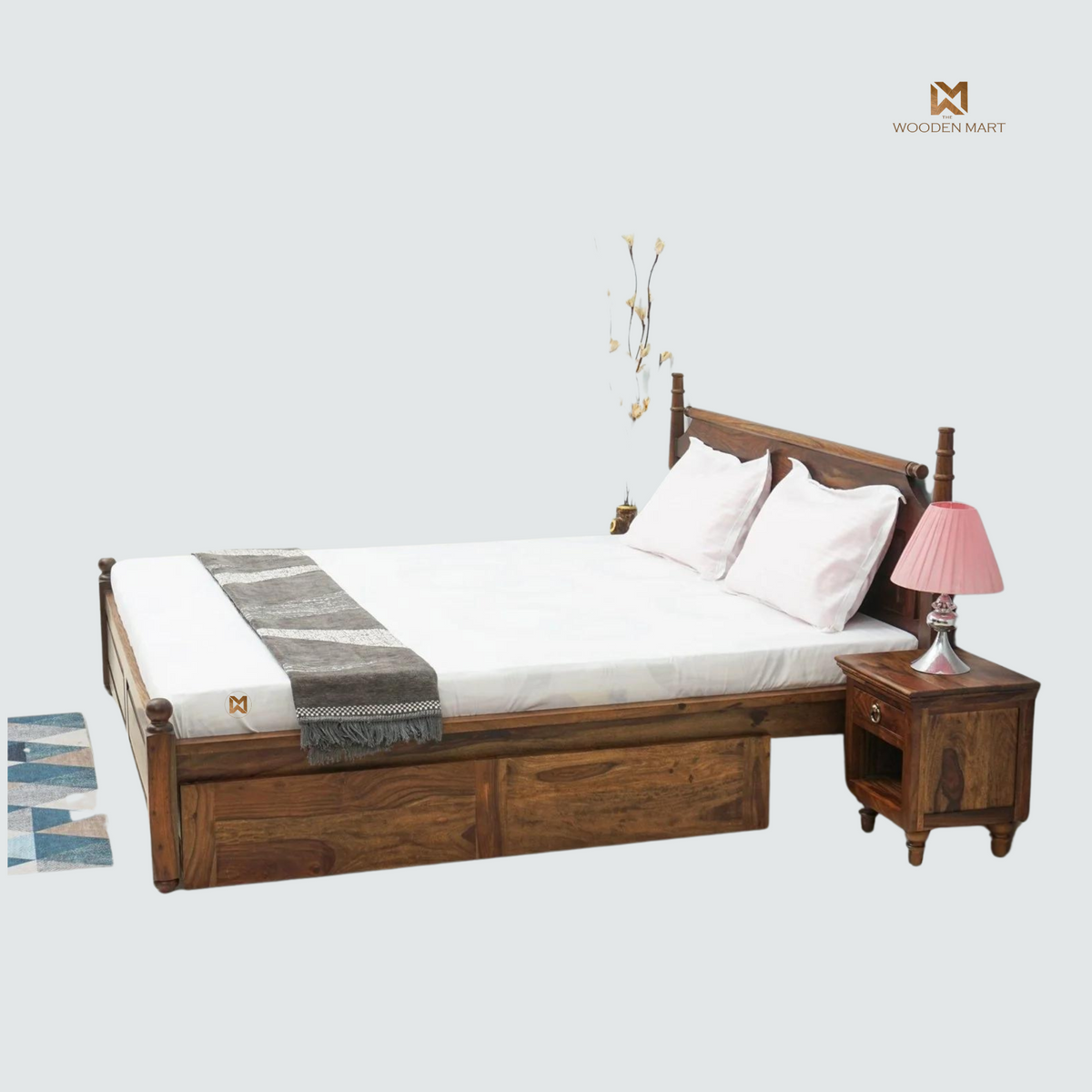 Traditional Solid Sheesham Wood Bed with Turned Posts