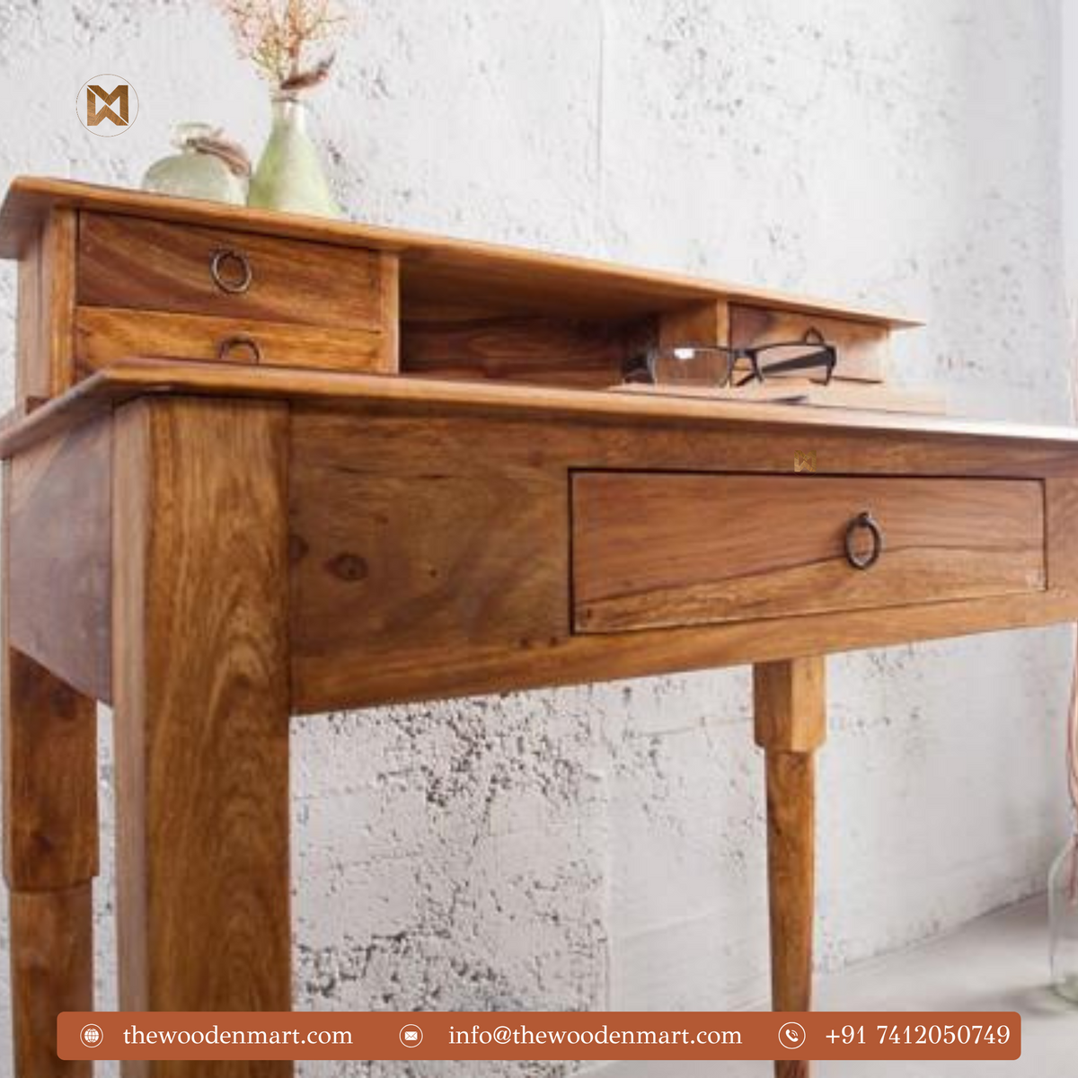 Vintage Solid Sheesham Wood Writing Desk