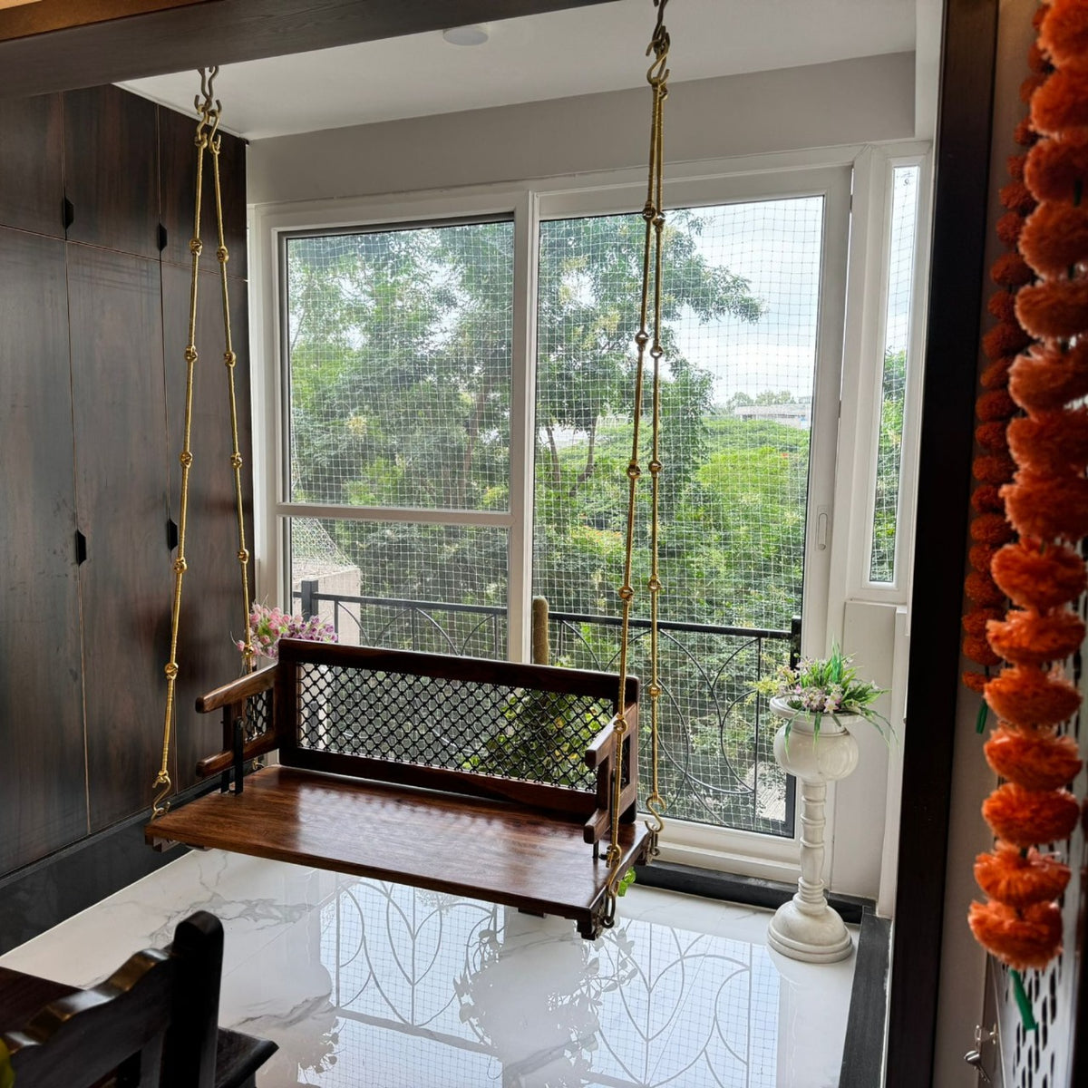 Wooden Reversible Swing With Decorative Jali For Living Room And Balcony