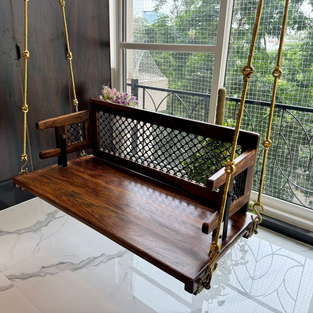 Wooden Reversible Swing With Decorative Jali For Living Room And Balcony