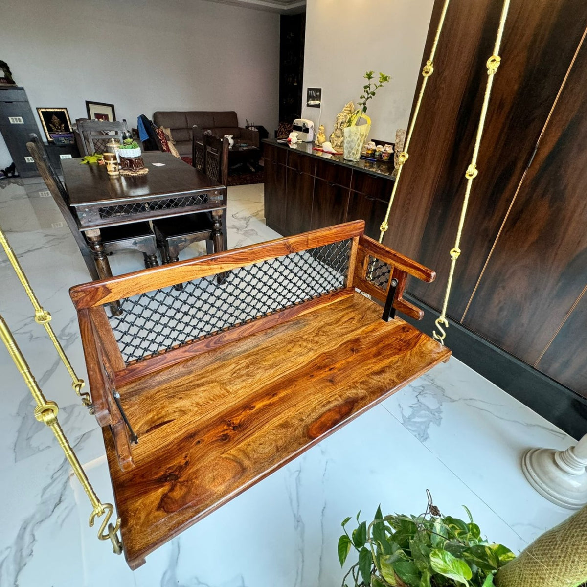Wooden Reversible Swing With Decorative Jali For Living Room And Balcony
