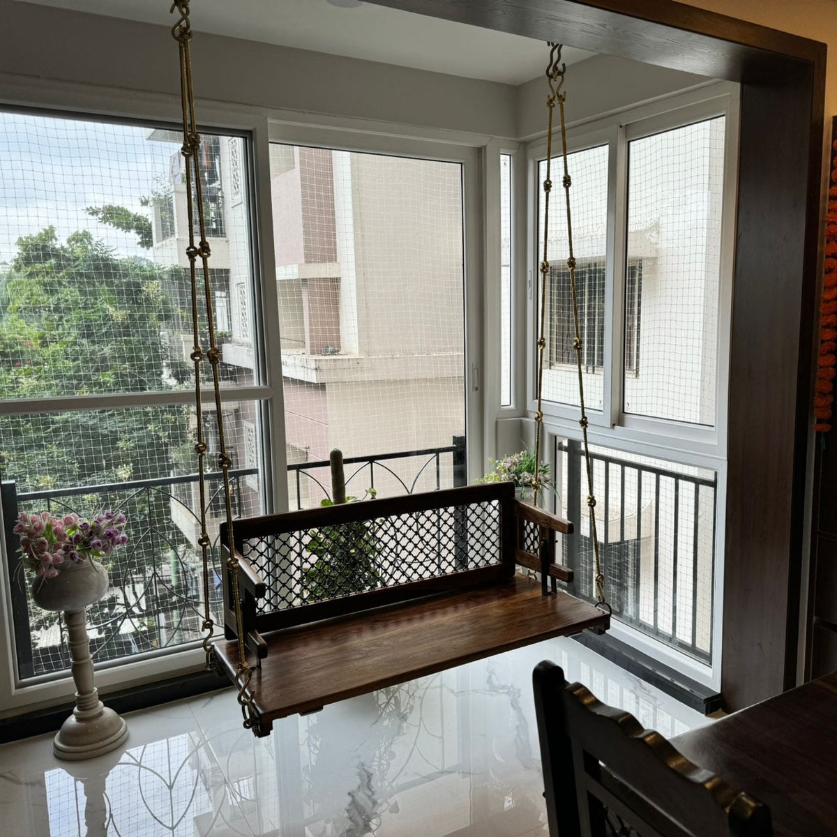 Wooden Reversible Swing With Decorative Jali For Living Room And Balcony