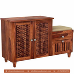 Wooden Shoe Rack with Carved Jali Doors & Seat