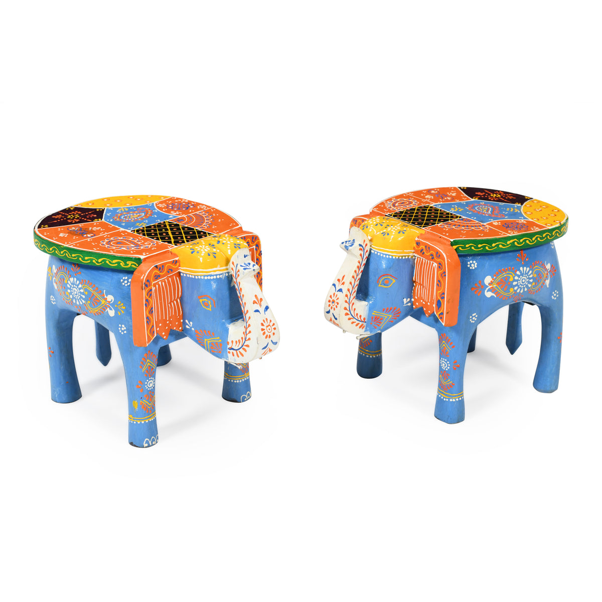 handpainted elephant stool blue