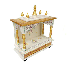 Wooden Temple/Home/Pooja Mandir/Mandap, White & Gold, 20x11x24 Inch