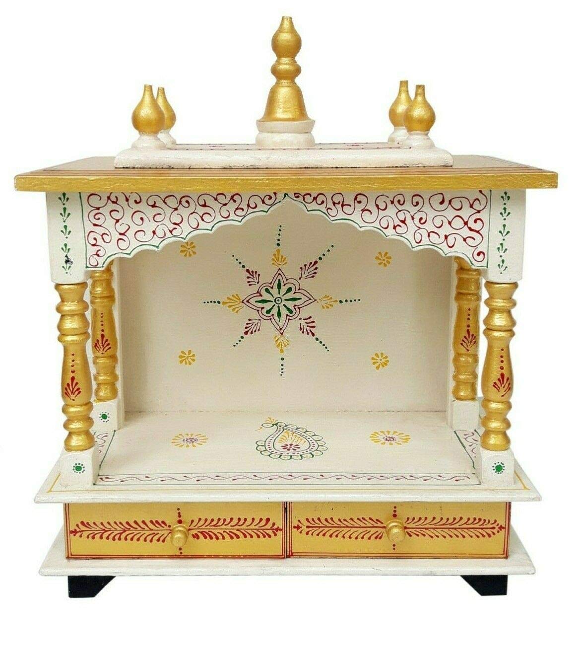 Wooden Temple/Home/Pooja Mandir/Mandap, White & Gold, 20x11x24 Inch