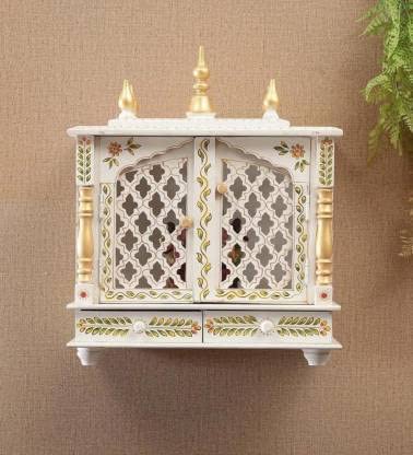 Wooden Mandir With Door, White, 18x9x21 Inch