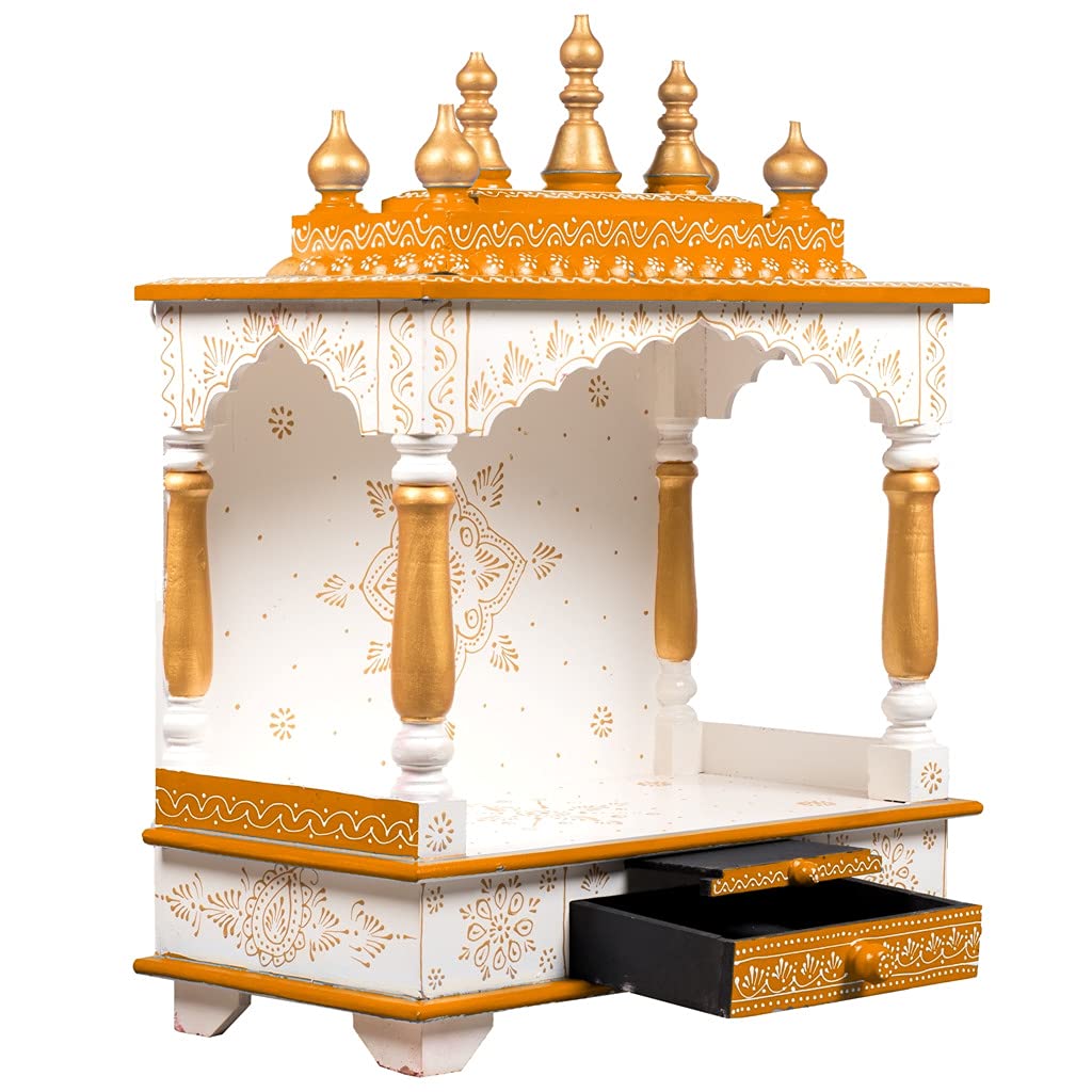 Wooden Home Temple/Mandir, White & Gold, 22x11x28 Inch