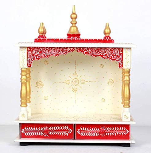 Wooden Temple/Pooja Ghar, White & Red, 20x11x24 Inch