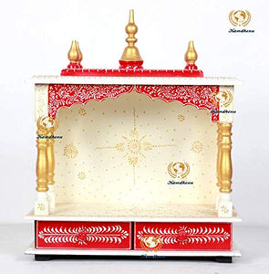 Wooden Temple/Pooja Ghar, White & Red, 20x11x24 Inch