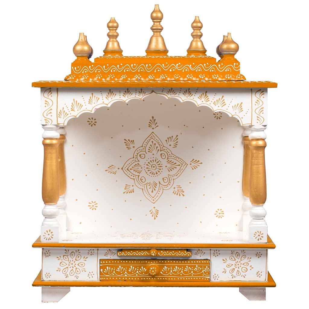 Wooden Home Temple/Mandir, White & Gold, 22x11x28 Inch