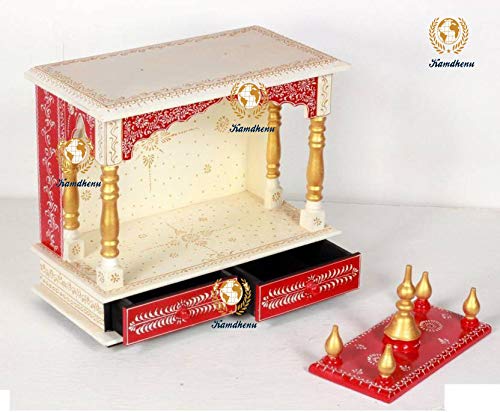 Wooden Temple/Pooja Ghar, White & Red, 20x11x24 Inch