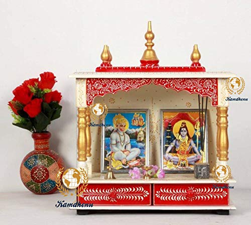 Wooden Temple/Pooja Ghar, White & Red, 20x11x24 Inch