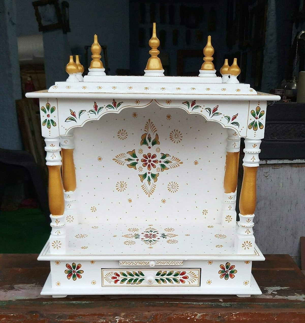 Handcrafted Wooden Temple/Mandir For Home, White, 22x11x28 Inch
