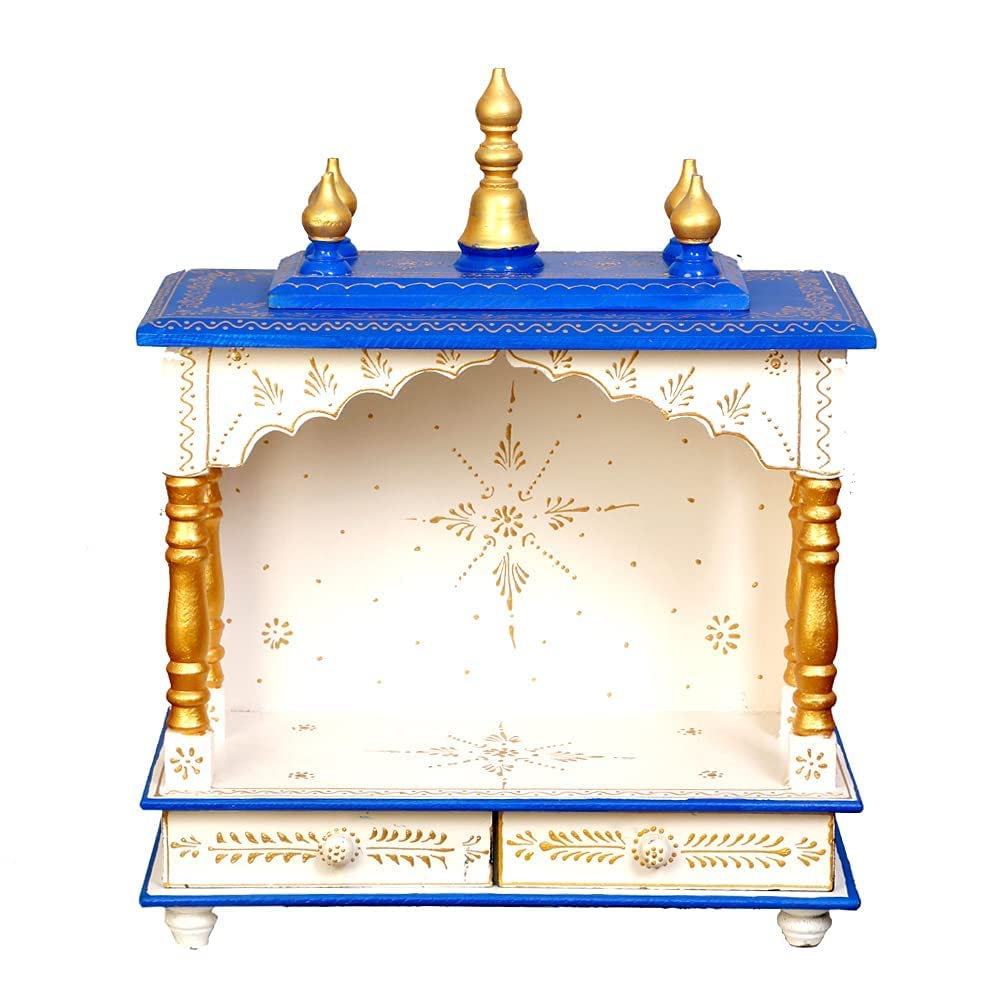 Wooden Temple/Pooja Ghar, White & Blue, 18x9x21 Inch