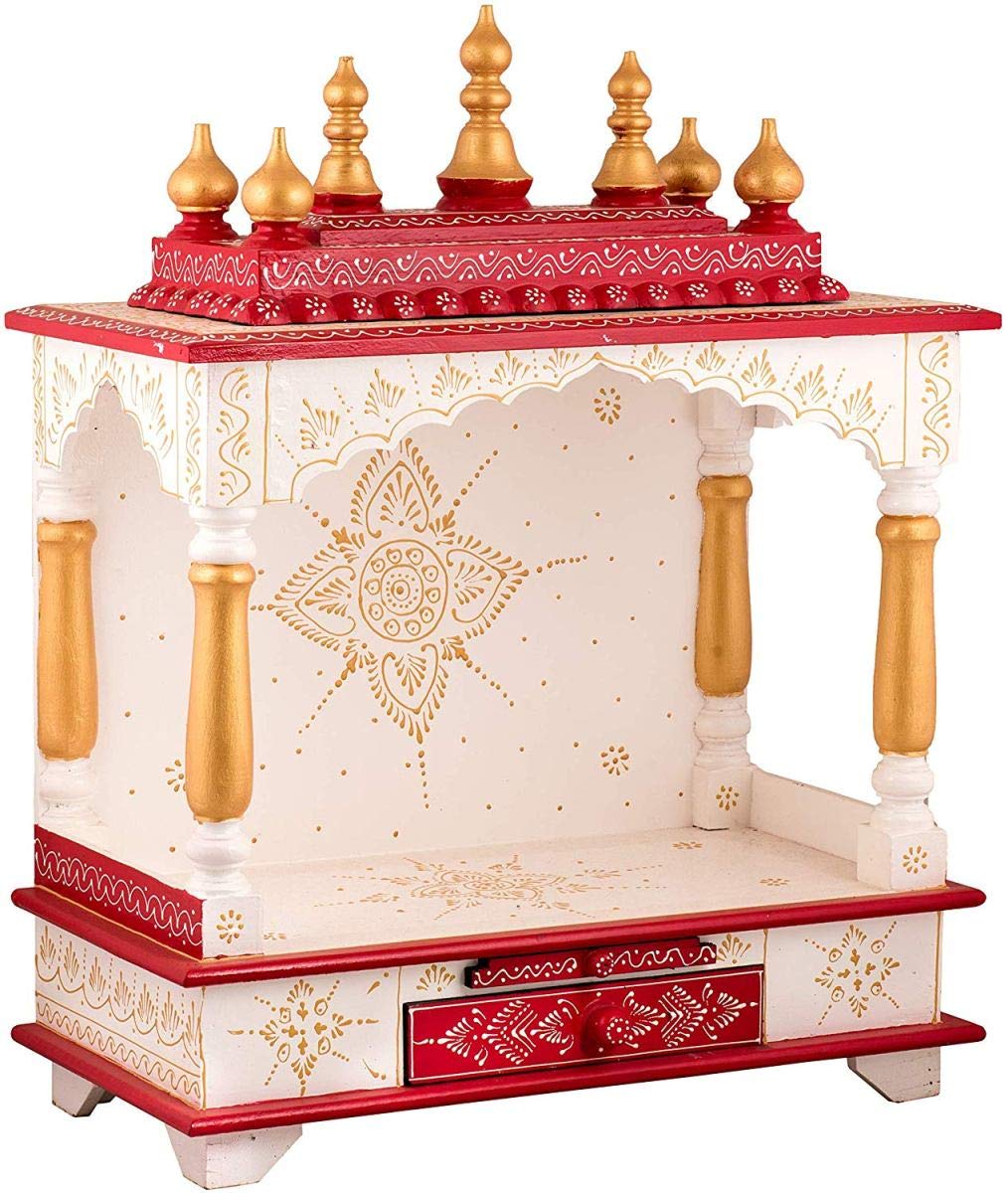 Wooden Pooja Ghar For Home, White & Red, 22x11x28 Inch