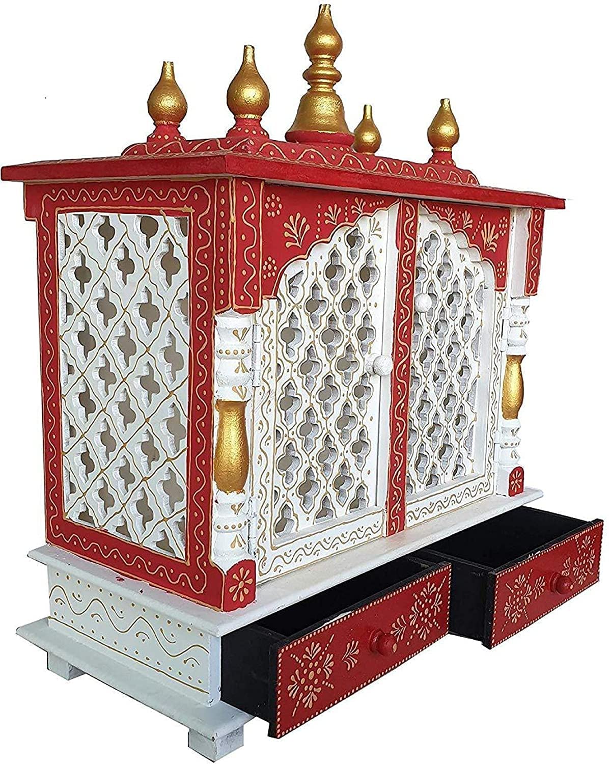 Wooden Temple With Door, White & Red, 18x9x21 Inch