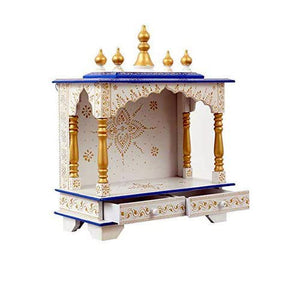 Wooden Temple/Pooja Ghar, White & Blue, 18x9x21 Inch